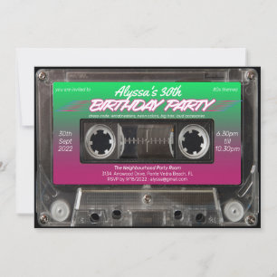 Invitation Pink Green Retro 80s Neon Cassette Anniversaire