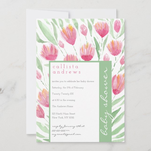 Invitation Pink Green Tulip Floral Aquarelle Baby shower (Devant)