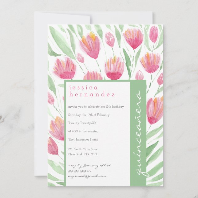 Invitation Pink Green Tulip Floral Aquarelle Quinceañera (Devant)