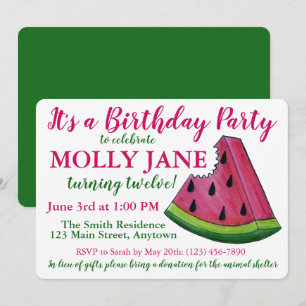 Invitation Pink Green Watermelon Slice Anniversaire Fête Douc