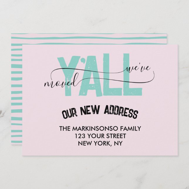 Invitation Pink Green We Moved Y'all Moving Announcement (Devant / Derrière)