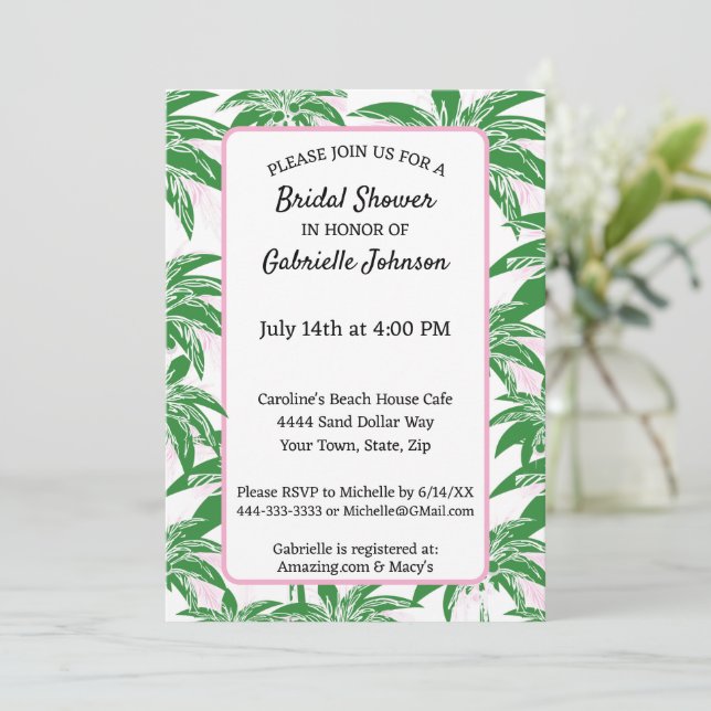 Invitation Pink Green White Palm Tree Summer Shower Party (Debout devant)