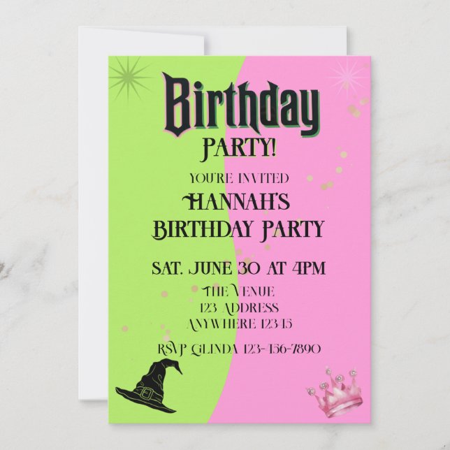 Invitation Pink/Green Witch Hat & Princess Crown Birthday (Devant)