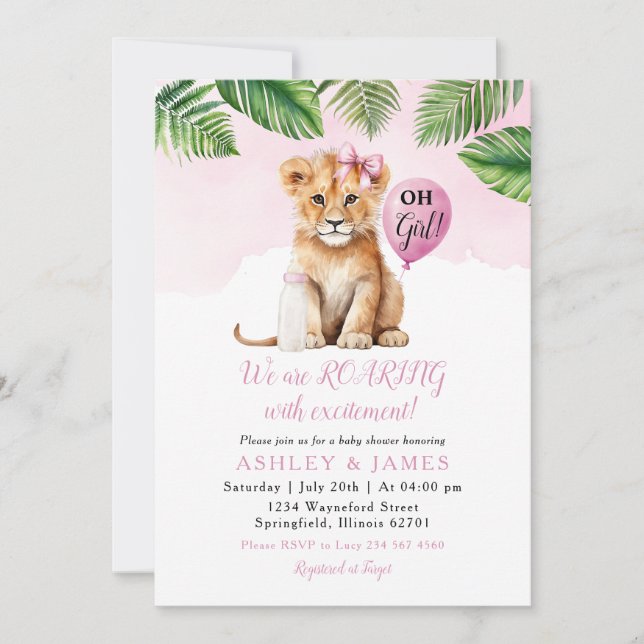 Invitation Pink Greenery Girl Lion Safari Baby shower Bow cra (Devant)