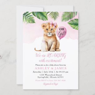 Invitation Pink Greenery Girl Lion Safari Baby shower Bow cra