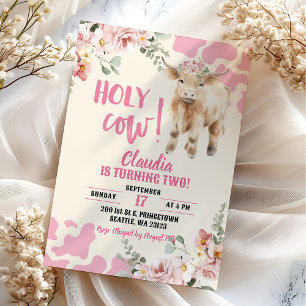 Invitation Pink Greenery Highland Cow Farm Girl Anniversaire