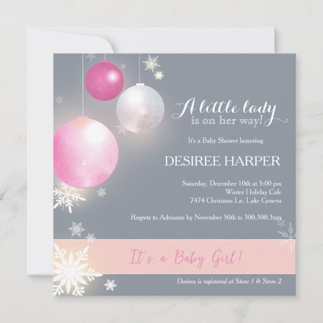 Invitation Pink & Grey Christmas Baby Girl Douche (Devant)