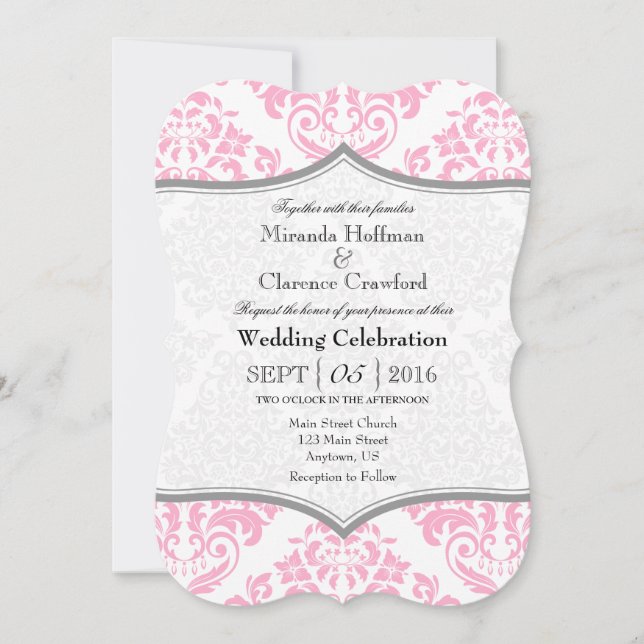 Invitation Pink Grey Damask Mariage de crochet (Devant)