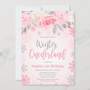 Invitation Pink Grey Floral Winter ONE derland 1er anniversai