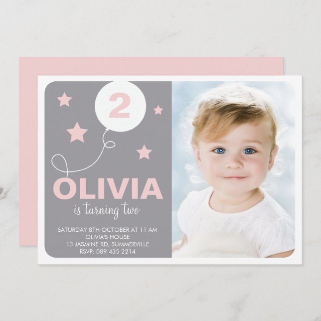 Invitation Pink & Grey Jote Dreamer Enfants Photo Anniversair (Devant / Derrière)