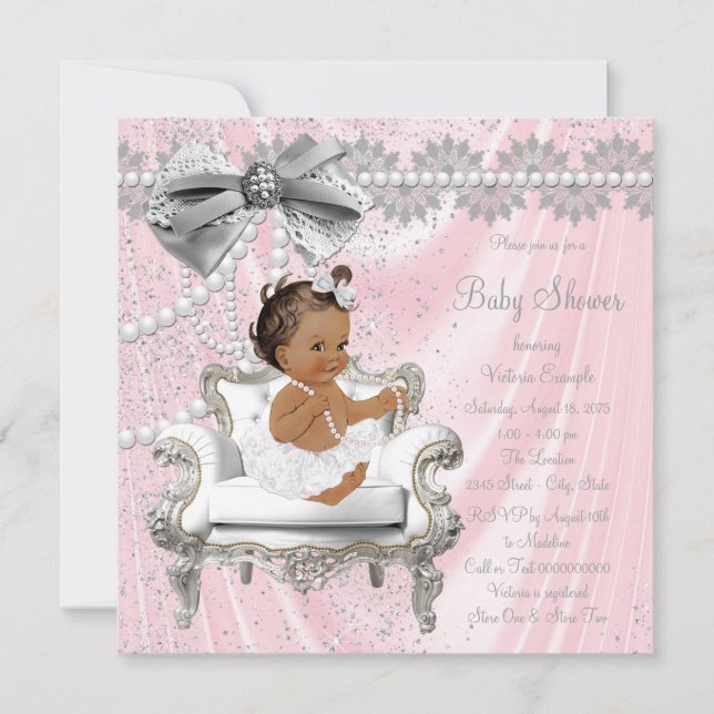 Invitation Pink Grey Pearl Chaire Ethnic Girl Baby shower (Devant)