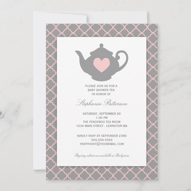 Invitation Pink + Grey Quatrefoil Baby shower Tea Party (Devant)