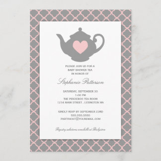 Invitation Pink + Grey Quatrefoil Baby shower Tea Party