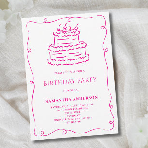 Invitation Pink Hand Drale Doodle Cake Anniversaire