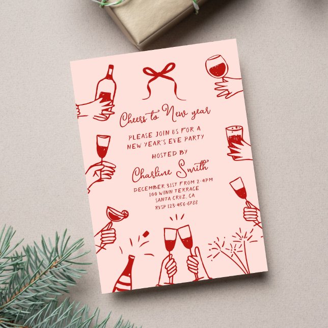 Invitation Pink Hand Drawn “Cheers to New Year” Holiday Party (Créateur téléchargé)
