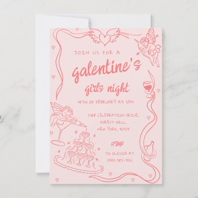 Invitation Pink Hand Drawn Galentine's Girls Night Party (Devant)