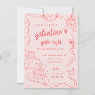 Invitation Pink Hand Drawn Galentine's Girls Night Party