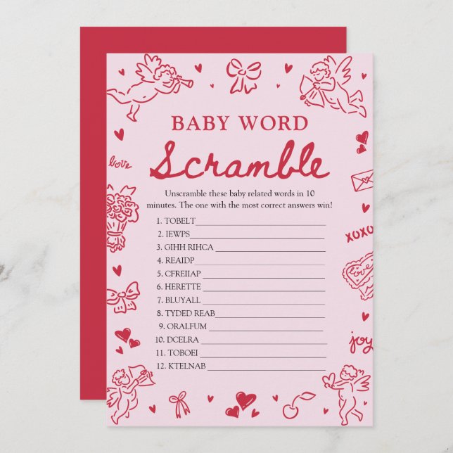 Invitation Pink Hand Drawn Valentine Baby Word Scramble Game (Devant / Derrière)
