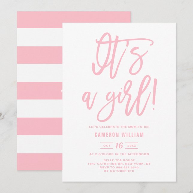 Invitation Pink Hand Lettered C'est un Baby shower de fille (Devant / Derrière)