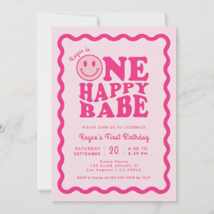 Invitation Pink Happy Face One Happy Babe Girl 1er anniversai