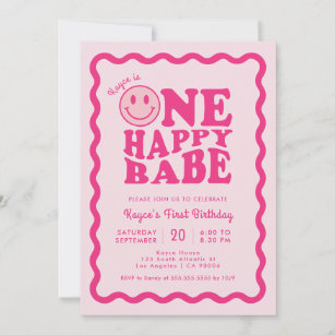 Invitation Pink Happy Face One Happy Babe Girl 1er anniversai