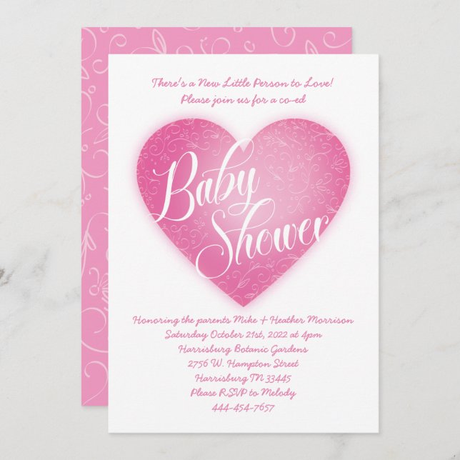 Invitation Pink Heart Baby Shower Co-Ed Vintage (Devant / Derrière)