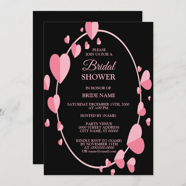 Invitation Pink Heart Black Geometric Bridal Shower Party (Devant / Derrière)