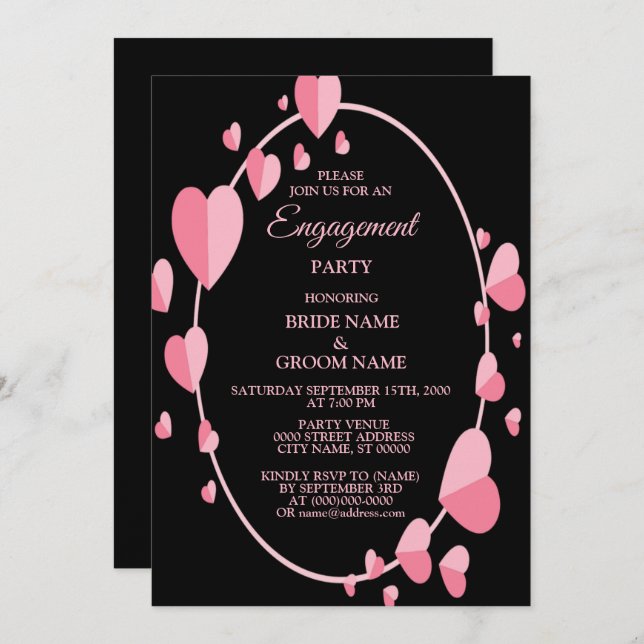 Invitation Pink Heart Black Geometric Engagement Party (Devant / Derrière)