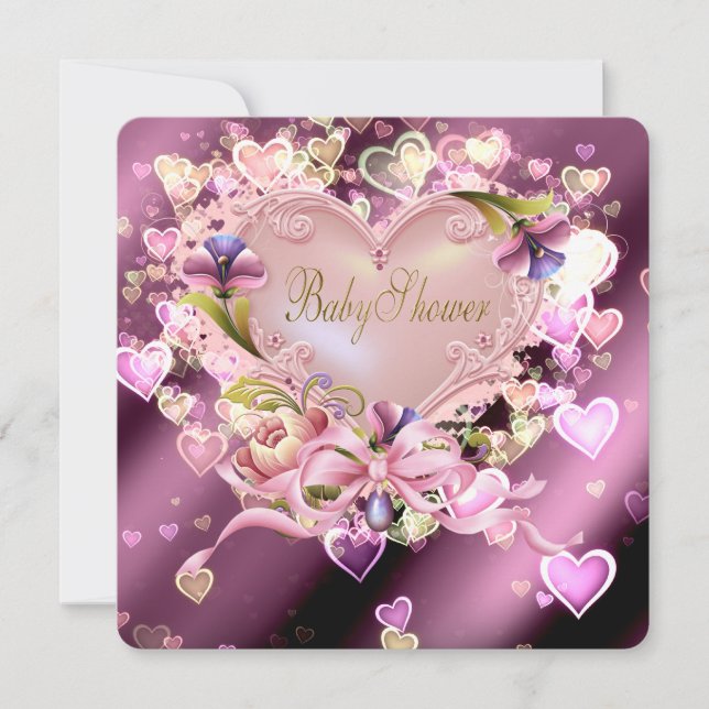 Invitation Pink Heart Damask Baby Girl Douche (Devant)