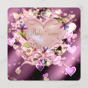 Invitation Pink Heart Damask Baby Girl Douche