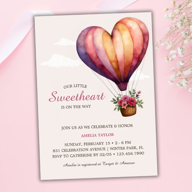 Invitation Pink Heart Hot Air Balloon Girl Baby shower (Pink Heart Hot Air Balloon Girl Baby Shower Invitation)