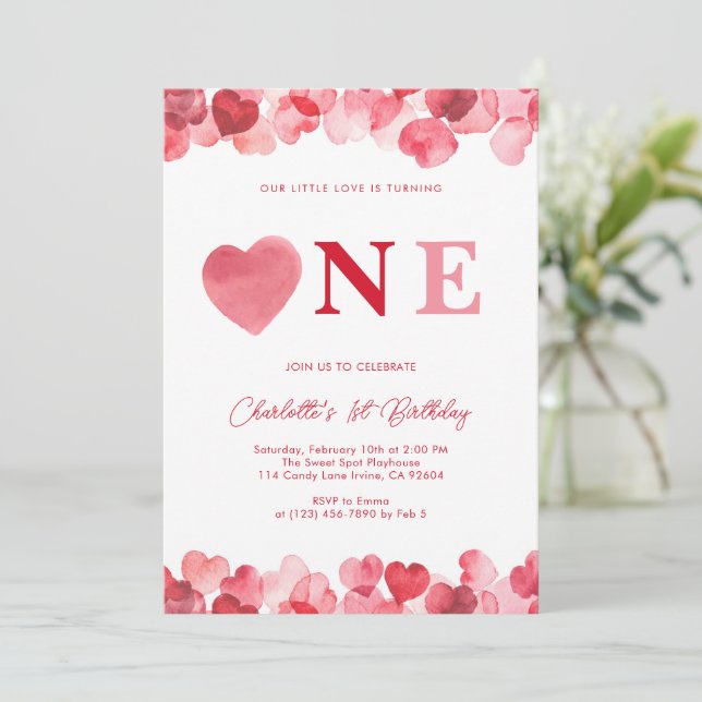 Invitation Pink Heart One First Girl Birthday  (Debout devant)