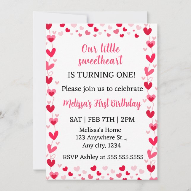 Invitation Pink Hearts Our Little Sweetheart Birthday Invite  (Devant)