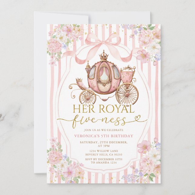 Invitation Pink Her Royal five-ness birthday Bow Coquette (Devant)