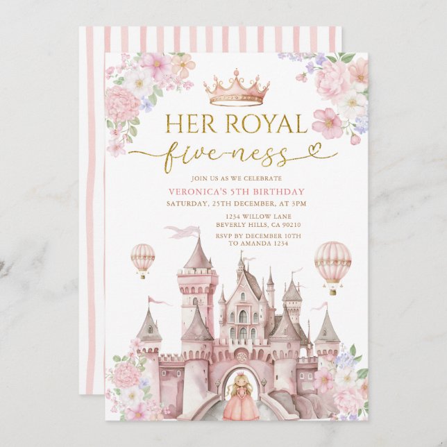 Invitation Pink Her Royal five-ness birthday Castle Crown (Devant / Derrière)