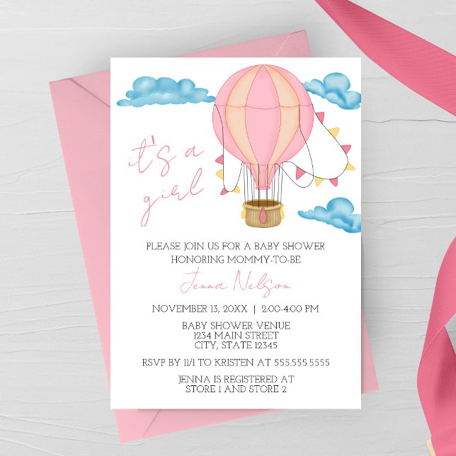 Invitation Pink Hot Air Balloon “It’s a Girl” Baby Shower  (Créateur téléchargé)