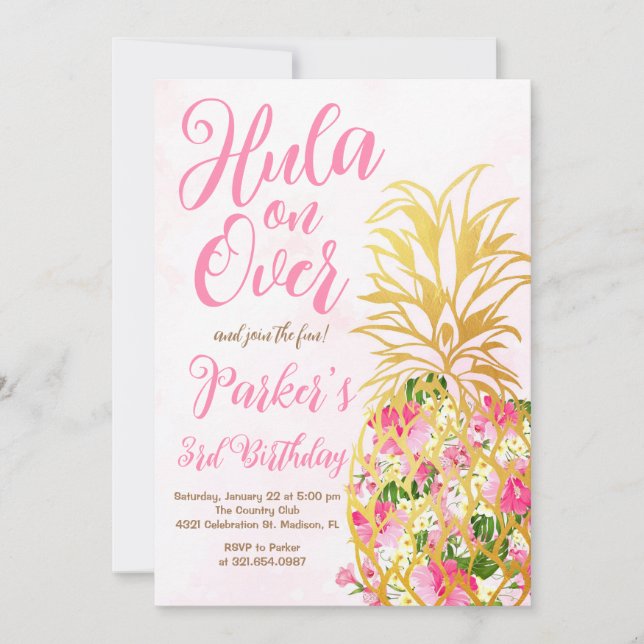 Invitation Pink Hula sur, Luau, Anniversaire d'ananas (Devant)
