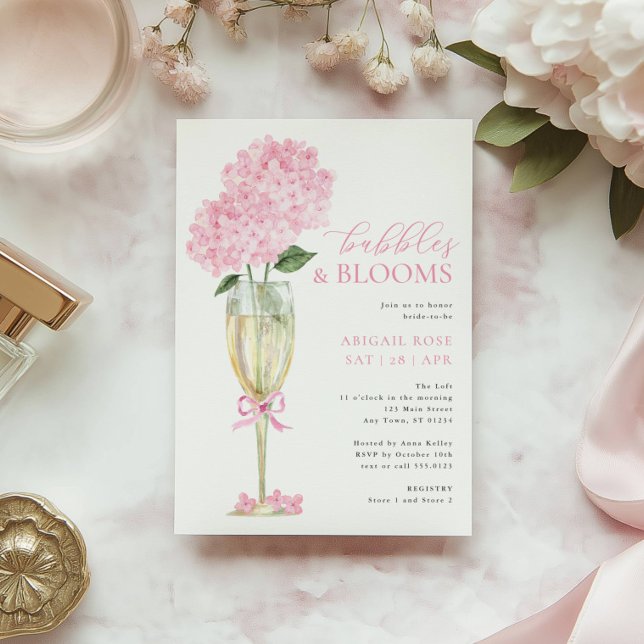 Invitation Pink Hydrangea Bubbles and Blooms Champagne Glass (Créateur téléchargé)