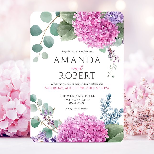 Invitation Pink Hydrangea Flowers Watercolor Elegant Wedding (Pink Hydrangea Flowers Watercolor Elegant Wedding Invitation)