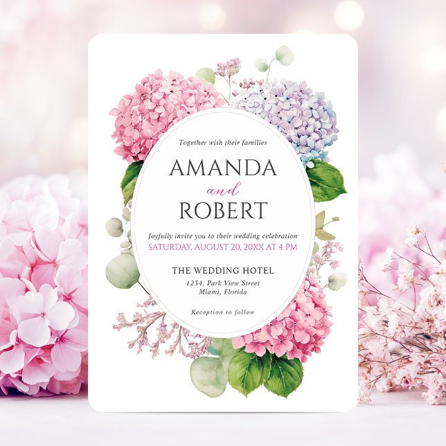 Invitation Pink Hydrangea Flowers Watercolor Oval Wedding (Pink Hydrangea Flowers Watercolor Elegant Wedding Invitation)