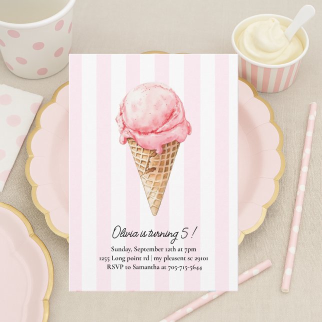 Invitation Pink Ice Cream Cone Birthday | Editable Summer (Créateur téléchargé)