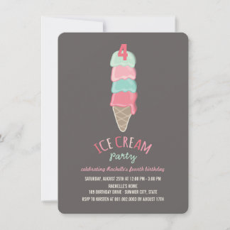 Invitation Pink Ice Cream Cone Girl 4e anniversaire Invitatio