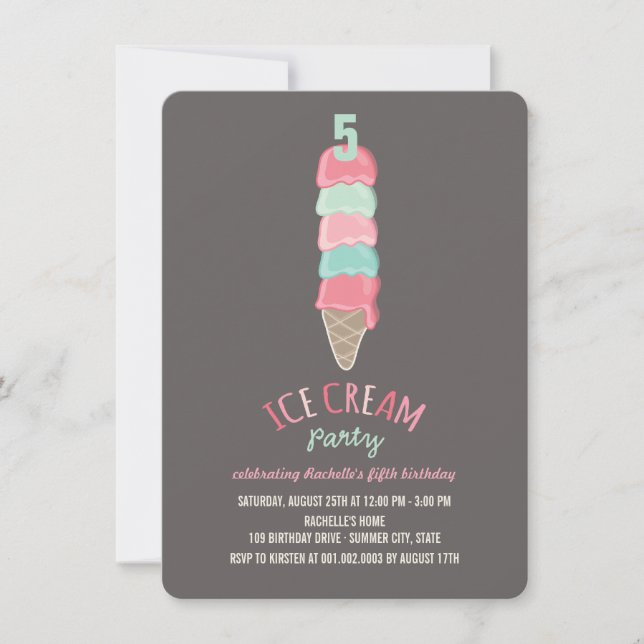 Invitation Pink Ice Cream Cone Girl 5e anniversaire Invitatio (Devant)