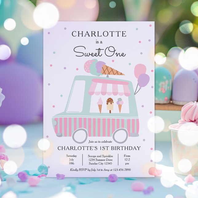 Invitation Pink Ice Cream Truck Sweet Un 1er anniversaire fêt (Créateur téléchargé)