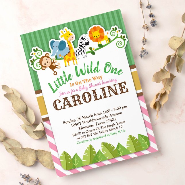 Invitation Pink Jungle Safari Zoo Baby shower animal (Créateur téléchargé)