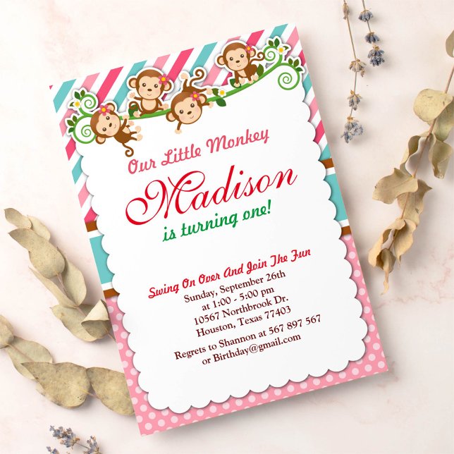 Invitation Pink Jungle Singe Safari animal Anniversaire (Créateur téléchargé)