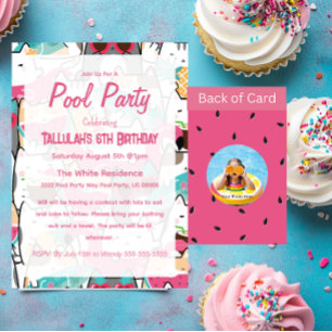 Invitation Pink Kawaii Cats Pool Party Anniversaire Invitatio