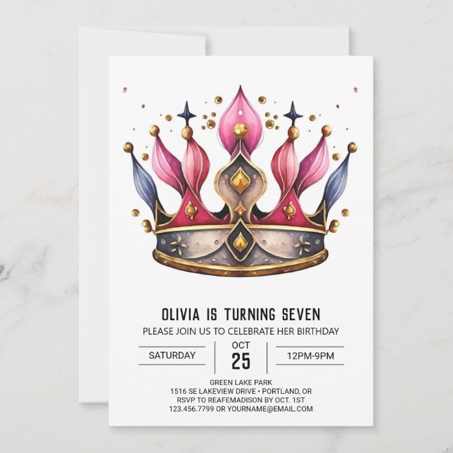 Invitation Pink Kids Princess Crown Anniversaire (Devant)