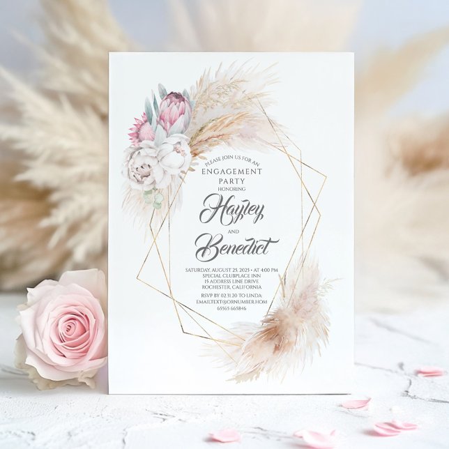 Invitation Pink King Protea et Pampas Grass Engagement Party (Boho Floral Engagement Invitation)