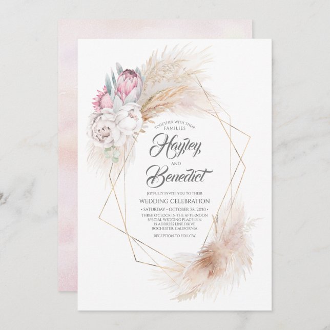 Invitation Pink King Protea et Pampas Grass Mariage moderne (Devant / Derrière)